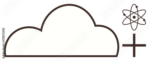 Cloud outline combined with an atomic structure and a plus sign, symbolizing innovation, technology, growth, connectivity, science, digital transformation, and positive collaboration. Simplistic flat