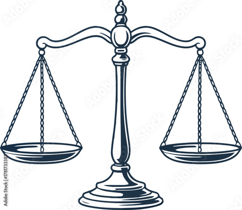 Dark blue outline of antique justice scales on white background scales of justice