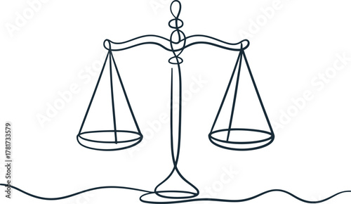 Single line drawing of a dark blue justice scale on white scales of justice legal