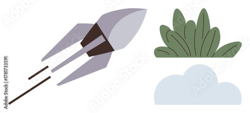 Rocket taking off with a gentle trail near a cloud and greenery, representing progress, innovation, exploration. Ideal for technology, startups, science, environment, aspiration future journey