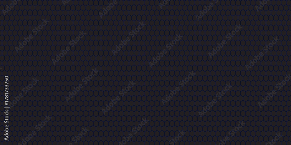 Fototapeta premium Dark grey abstract wide horizontal banner with hexagon carbon fiber grid and orange luminous lines.