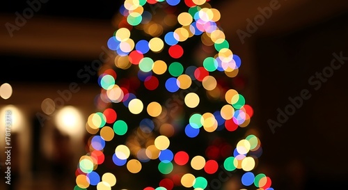 Colorful bokeh effect of Christmas tree lights, featuring red, green, blue, and warm white festive holiday decoration