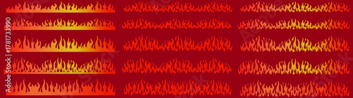Fire border. Red flame, cartoon fire seamless borders. Blazing frame dividers, hot flaming banners. Wildfire campfire burning lines, fire trail and flammable vector set