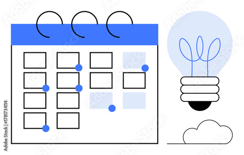 Minimal calendar with marked dates and blue highlights alongside a light bulb symbolizing innovation and planning. Ideal for schedule management, productivity, goals, time tracking, ideas, project