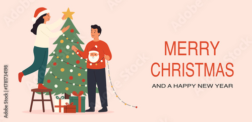 Christmas celebration illustration with happy couple decorating Christmas tree and gifts, festive holiday scene with Merry Christmas and Happy New Year text in flat cartoon style illustration.