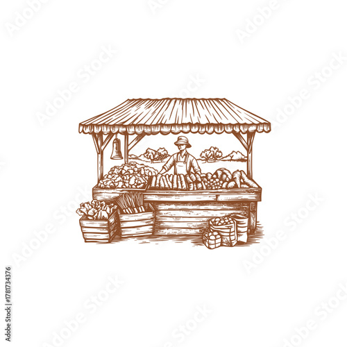 Vintage hand-drawn engraving illustration of a rural market stall overflowing with fresh organic fruits and vegetables in rustic wooden crates