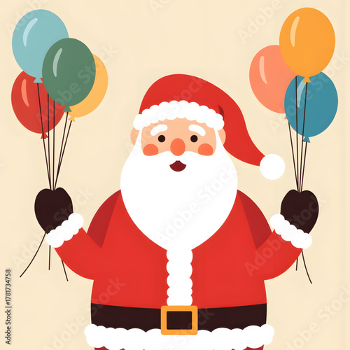 Santa Claus holding colorful balloons in a festive illustration  