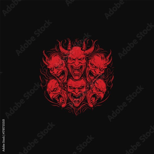 Intense red and black illustration featuring a swirling circle of six screaming demonic faces with horns