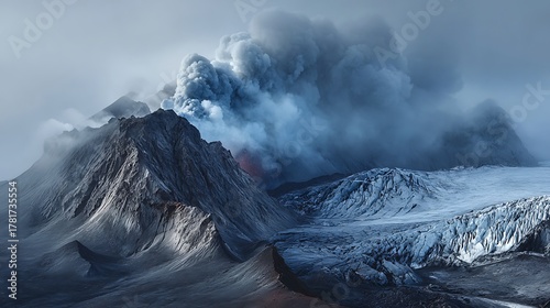 Stark Icelandic Volcano with Swirling Smoke Against Pristine Glacial Ice and Rugged Lava Fields. Dramatic Natural Contrast and Geological Wonders.