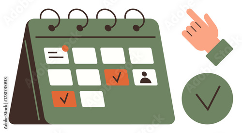 Calendar with scheduled events, checkmarks indicating completed tasks, profile icon, hand pointing, and a green tick. Ideal for planning, organization, scheduling, productivity reminders time