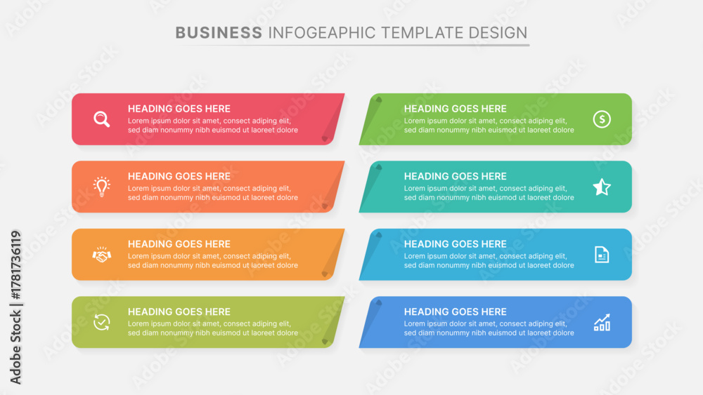 Obraz premium Business Infographic Template Design, 8 Steps Horizontal Layout
