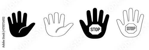 Stop Hand Gesture Icons Set, Black Silhouette and Outline, Caution, Warning, Prohibited Symbol, Vector Illustration