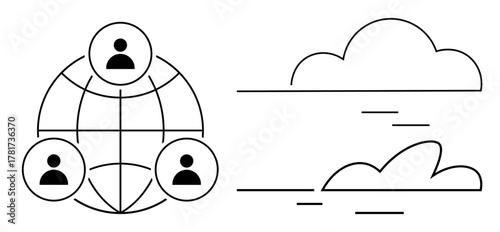 Three user icons connected across globe with surrounding lines beside minimalistic cloud elements. Ideal for networking, collaboration, communication, team management, cloud storage, globalization