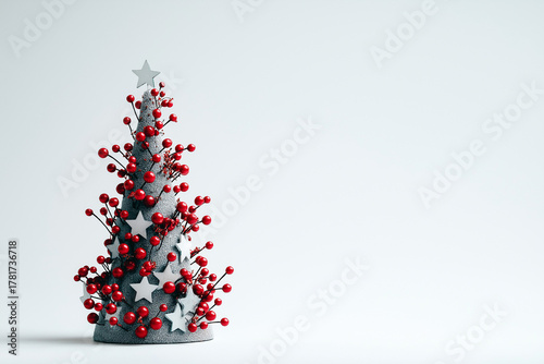 Cone-shaped Christmas tree decorated with red berries and stars, white background