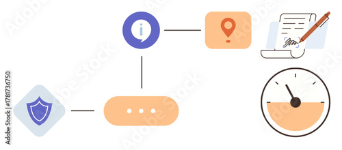 Shield, information bubble, location pin, document with pen, and speedometer connected by lines. Ideal for workflow management, data processing, security, navigation documentation progress