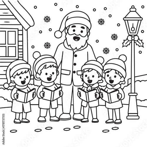 Line drawing portrays Santa Claus and children singing Christmas carols outside during a winter snowfall, coloring book, contour, outline, page, kids, coloring page, book, printable, easy, coloring, p