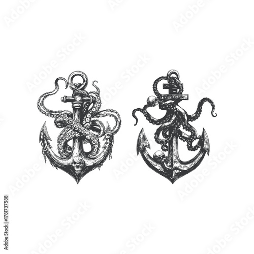 hand-drawn illustration featuring a classic nautical anchor entangled by the swirling tentacles of a kraken