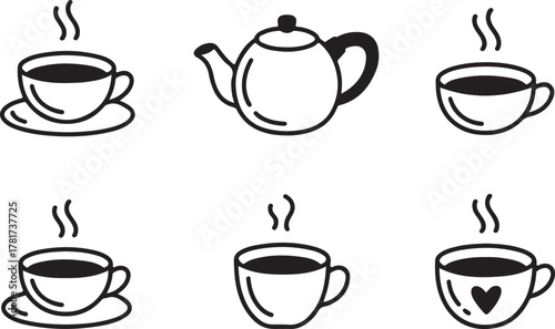 Hand Drawn Tea Cups Teapot Doodles Line Art Drink Elements