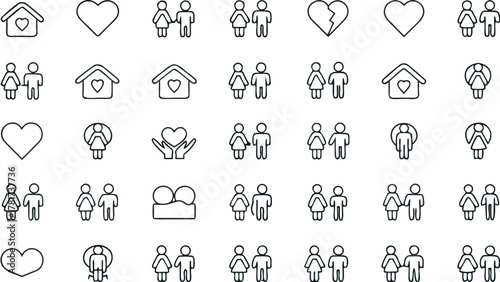 Collection of outline icons featuring couples, hearts, homes with hearts, and people in circles design