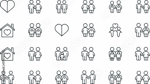 Illustration showing various line art icons representing couples families and love symbols in a grid layout