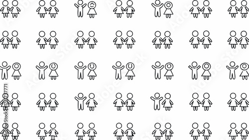 Illustration of multiple pairs of stick figure people holding hands and some with arms raised in the air