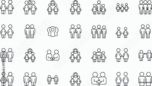 Illustration of various groups of people including couples families and small crowds in a simple line drawing