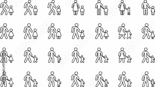 Collection of outline icons depicting adults with children in various poses and orientations shown in rows