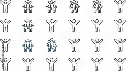 Illustration showing multiple stick figures with raised arms and some are stacked on each other in a grid pattern