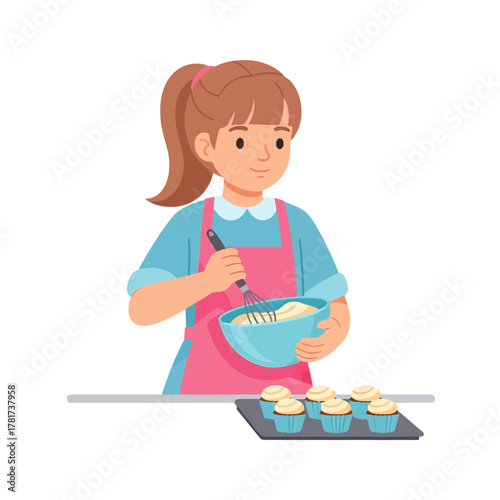 A young girl is mixing batter in a bowl with a whisk, preparing cupcakes on a baking sheet.
