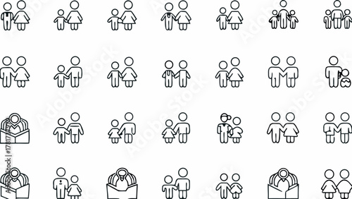 Illustration showing multiple family icons depicting parents with children and same sex couples in black outline