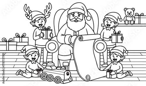 Santa Claus reads the list while elves deliver the gifts in a room background, coloring book, contour, outline, page, kids, coloring page, book, printable, easy, coloring, pages