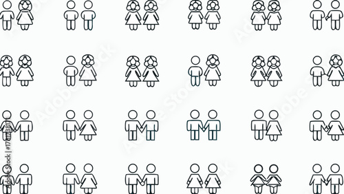 Illustration showing various couples including same sex couples and heterosexual couples in simple line art