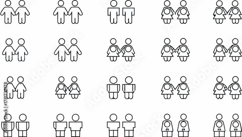 Collection of various stick figure couples including same sex and heterosexual couples holding hands icons