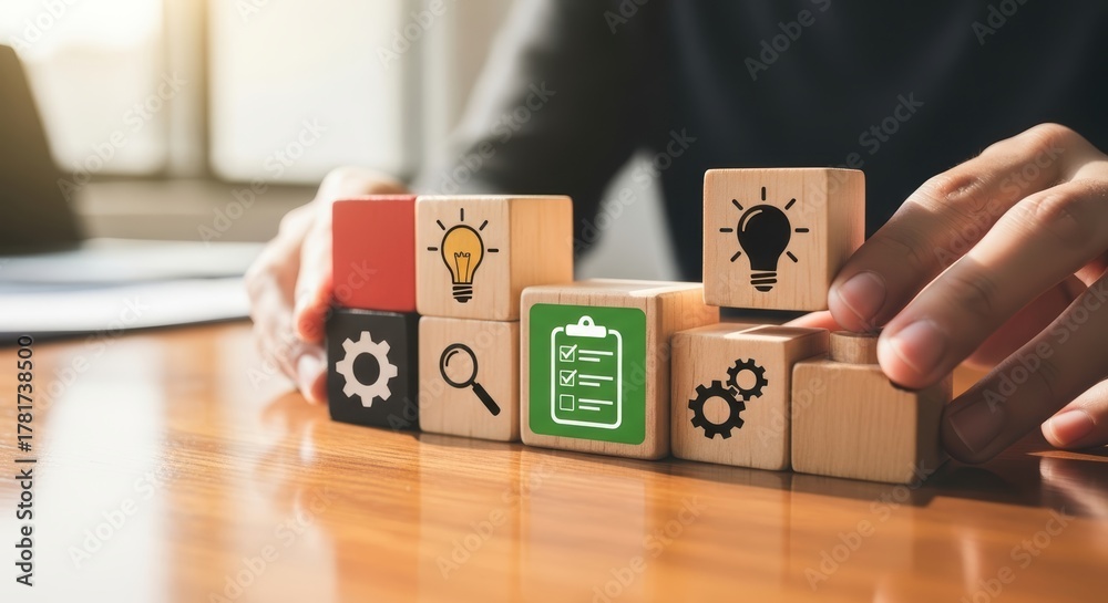 Obraz premium Business strategy and innovative ideas illustrated by wooden blocks