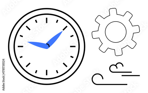 Clock with blue hands, gear, and wind lines emphasizing time, efficiency, and workflow. Ideal for productivity, time management, optimization, workflow scheduling efficiency simple flat metaphor
