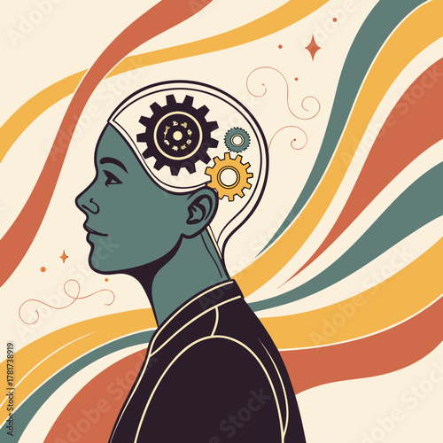 Creative Mind Concept with Gears and Flowing Thoughts