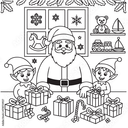 Santa and two elves are wrapping holiday gifts near a decorated window for coloring, coloring book, contour, outline, page, kids, coloring page, book, printable, easy, coloring, pages