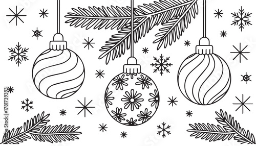 Three ornaments hang amidst fir branches and snowflakes, showing holiday line art with transparent background, coloring book, contour, outline, page, kids, coloring page, book, printable, easy