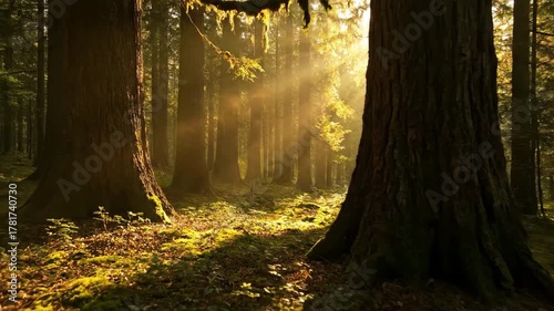 Sunlight filters through a dense forest canopy, creating shifting patterns of light and shadow on the forest floor wilderness, ecosystem, dappled
