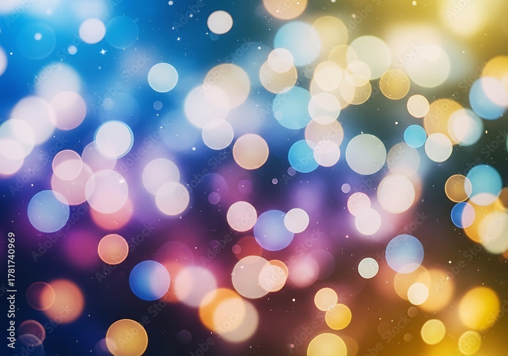 Fototapeta premium Vibrant multicolor bokeh light background with a blue, magenta, and gold gradient, creating a magical abstract atmosphere