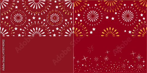 Festive red background with white and gold fireworks and starburst patterns for celebrations