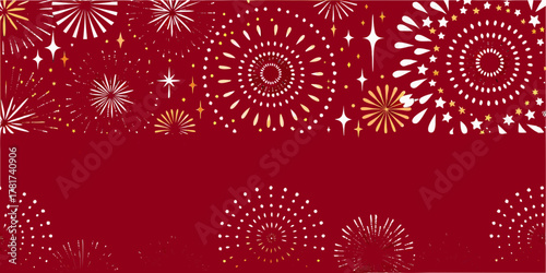 Festive red background with white and gold fireworks and starbursts for celebrations