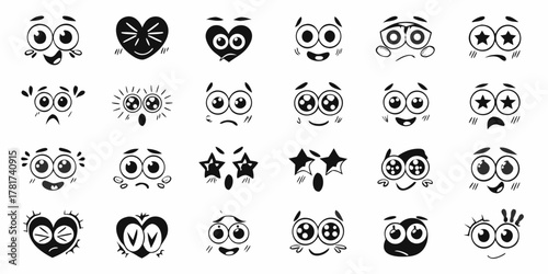 Collection of diverse cartoon faces and emotions expressed through eyes and mouths