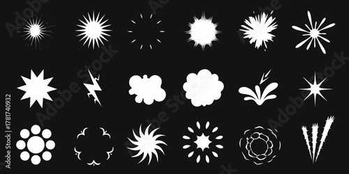 Collection of white comic book style explosions and effects on black background