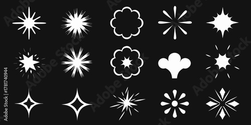 Collection of white starburst and explosion shapes on a black background
