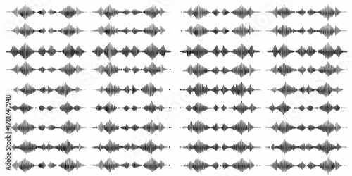 Abstract pattern of black and white sound wave forms displayed in rows and columns on a white background