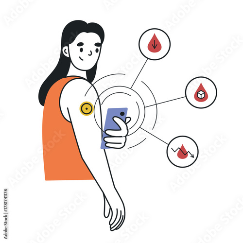 Flat cartoon vector illustration of woman checking blood sugar with continuous glucose monitor and smartphone. Health tracking, diabetes control, smart medical devices and wellness technology
