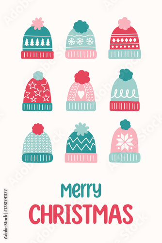 Cuadro en lienzo Christmas greeting card with funny hand drawn winter hats