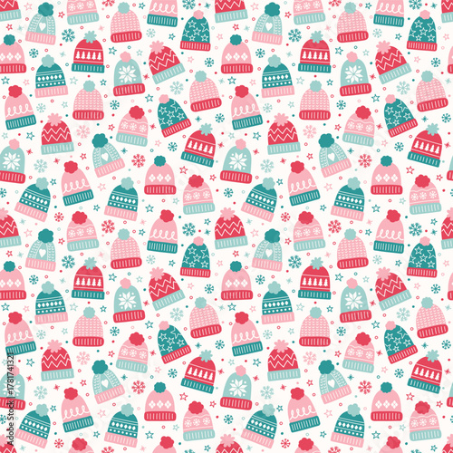 Fotografía Colourful seamless pattern with cute cartoon winter hats
