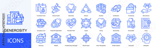 Generosity icon collection set. Containing donation, Contribution, Fundraising, Benevolence, emergency fund icon